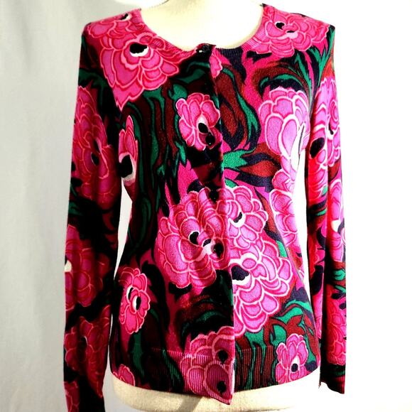 Talbots Petites Floral Cardigan Sweater Size Sp Pink Button Up Cottage Classic - Picture 1 of 12